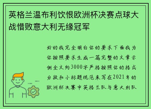 英格兰温布利饮恨欧洲杯决赛点球大战惜败意大利无缘冠军